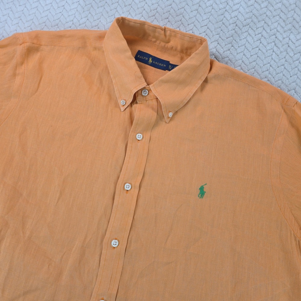 Ralph Lauren Mens XL Short Sleeve 100% Linen Button Down Shirt Orange Green Pony